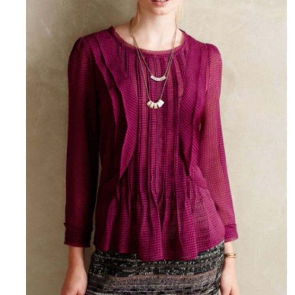 ANTHROPOLOGIE HD IN PARIS Thistleberry Gingham Sheer Blouse Cranberry Women’s 4